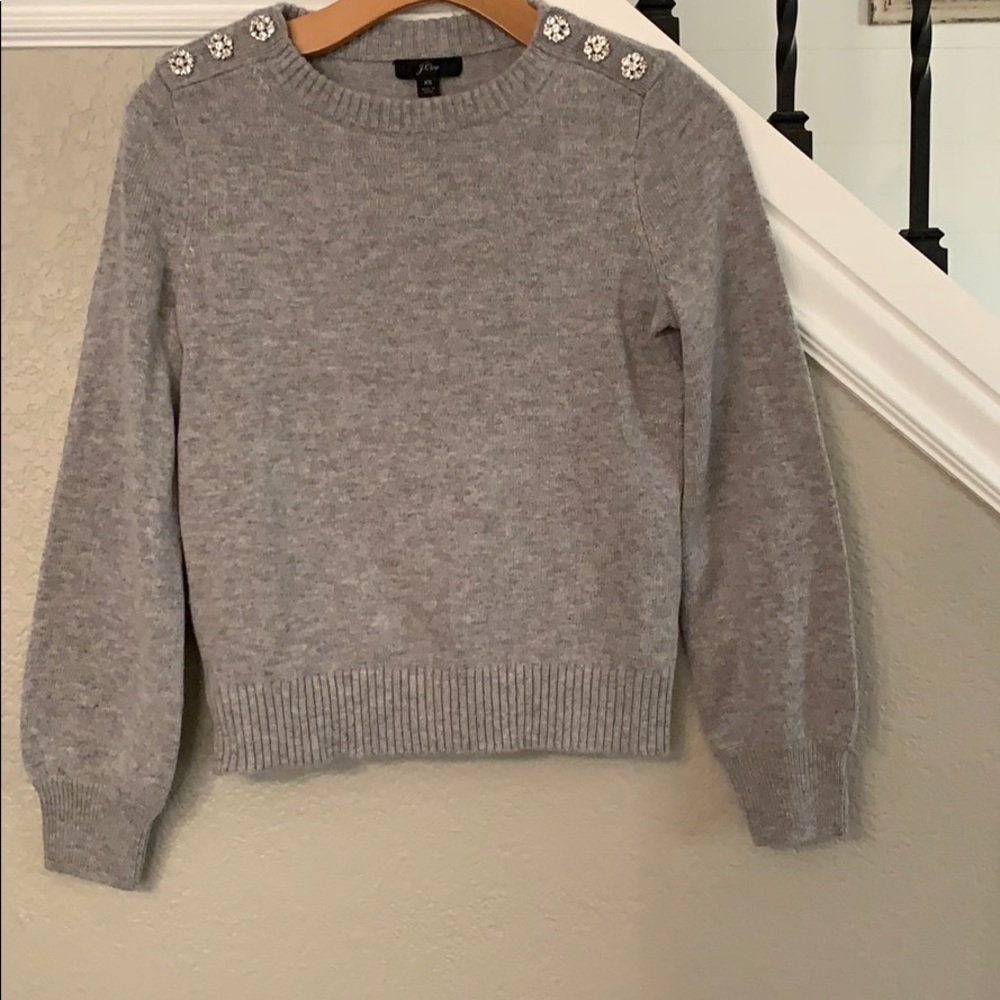 J Crew wool sweater with crystal adornments.